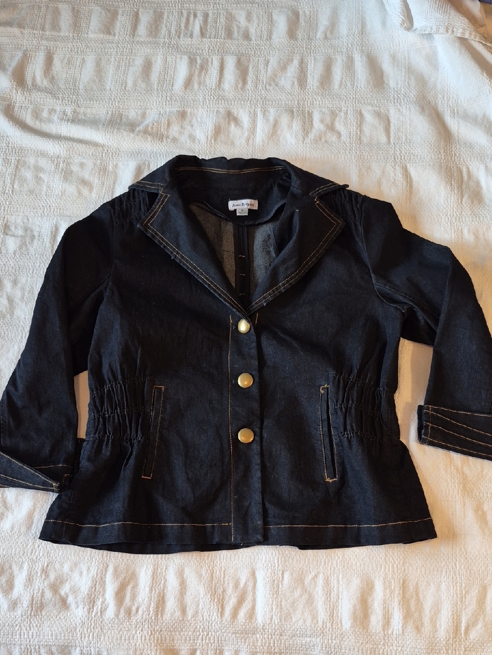 Joan Rivers women's Medium dark wash stretch dressy jean jacket EUC